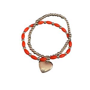 Boho Chic Heart Charm Bracelet Set Silver Orange Beaded‎ Stretch Jewelry R-32